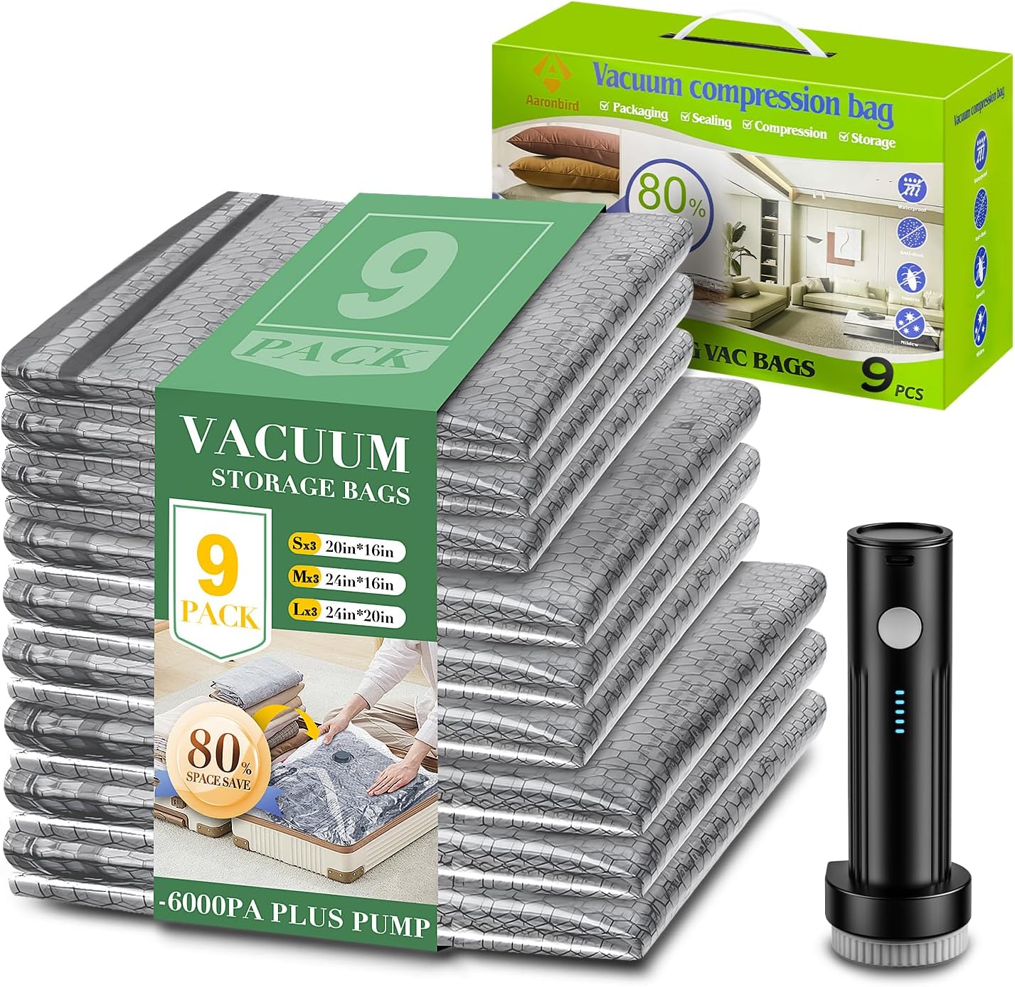 Vacuum Seal Bags for Clothing with Wireless Electric Pump - Travel & Home Use, 9 Pack Ideal Space Saver Vacuum Storage Bags, Travel Vacuum Bags for Luggage 9Pack