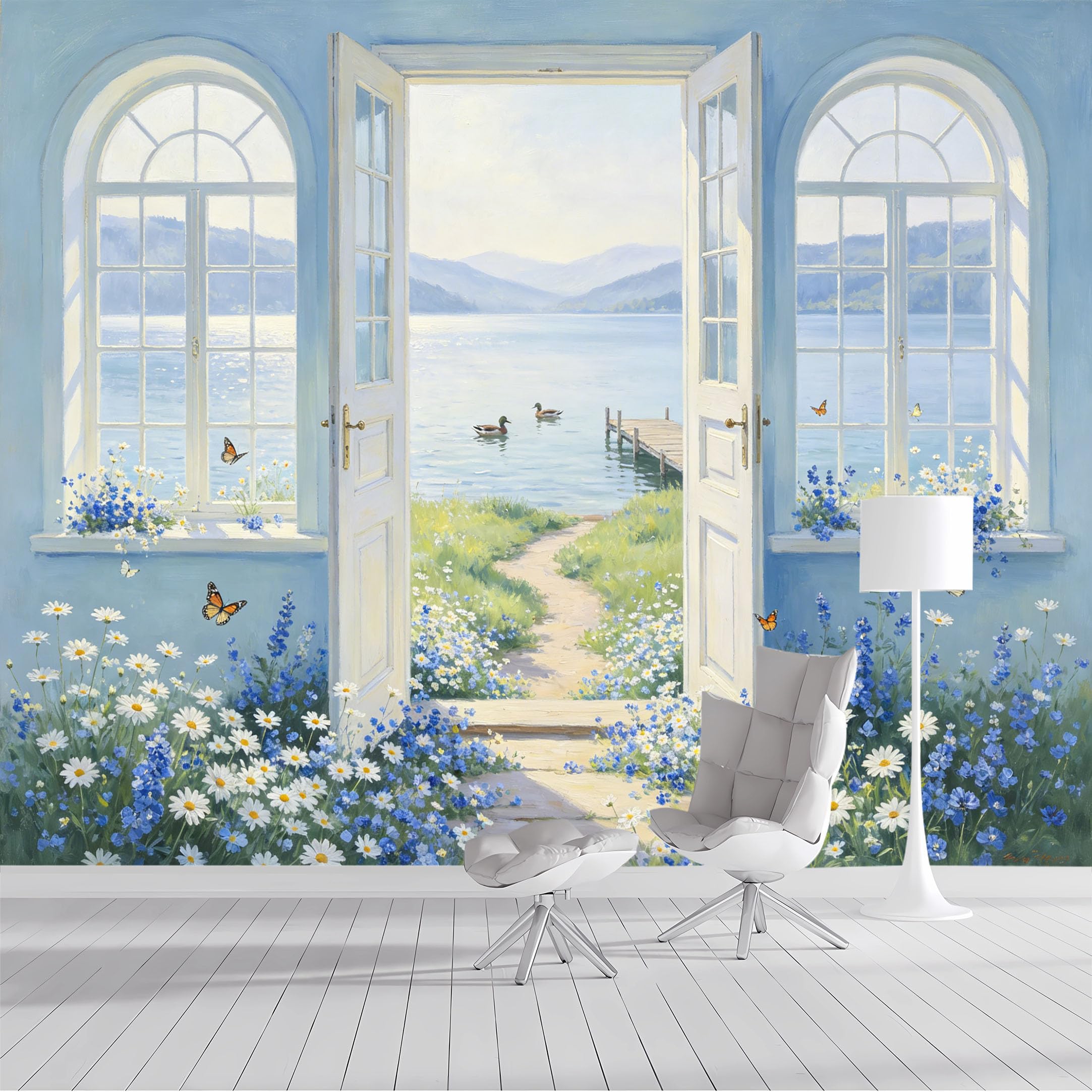 Custom Size Wall Mural Mediterranean Window View Lake Floral Landscape Oil Painting SelfAdhesive Wall Fabric Removable Wallpaper Wall Decor for Living Room Bedroom Bathroom