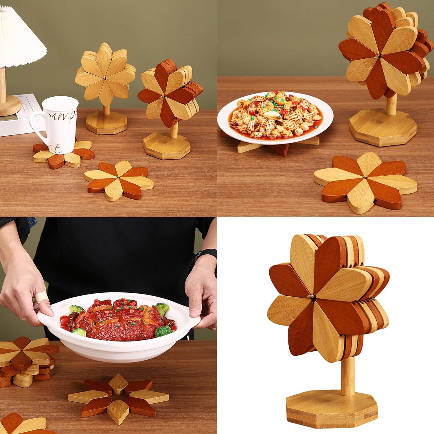 Pinwheel Shape Wood Placemat Wooden Drink Holders Kitchen Trivet with Base for Hot Dishes Pots Use Pinwheel Design Trivet Set