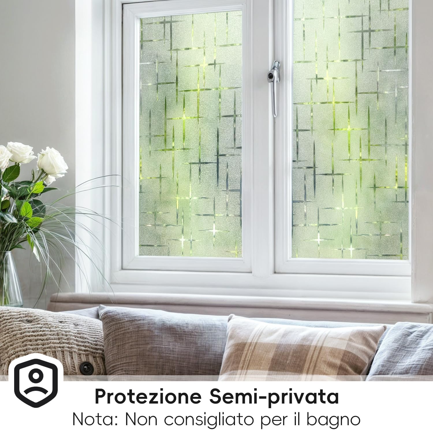 Qualsen Pellicola per Vetri Finestre 75x200cm, Schema a Croce Pellicola Adesiva per Vetri Decorative Elettrostatica Satinata Autoadesive Anti-UV Pellicola Privacy Finestre per Casa, Ufficio, Cucina