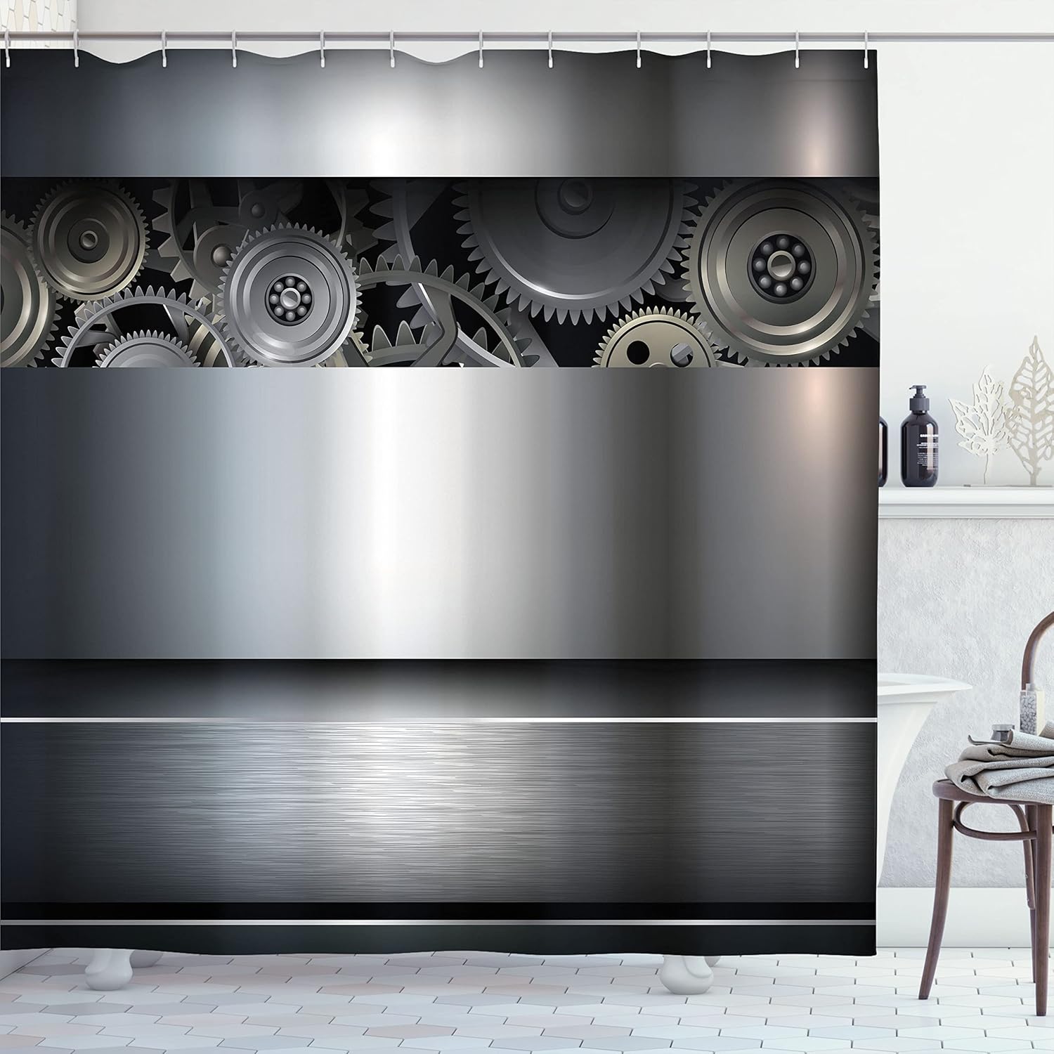 Ambesonne Industrial Shower Curtain, Technological Gears Robotic Future Imagination Clockwork Science Modern Art, Cloth Fabric Bathroom Decor Set with Hooks, 69" W x 75" L, Grey