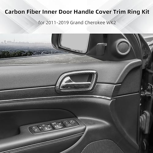 Miniatura 6 de SQQP Kit de anillo de ajuste de cubierta de manija de puerta interior de fibra de carbono, 4 piezas para Jeep Grand Cherokee 2011-2019