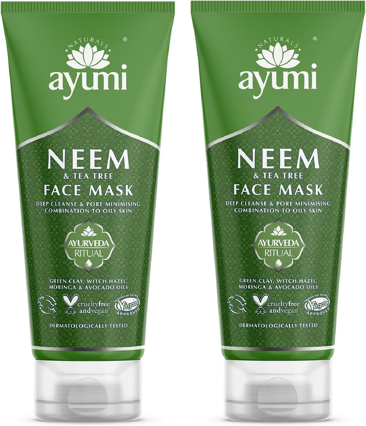 Ayumi Neem & Tea Tree Face Mask | Oil Control Clay Mask for Oily Skin |Green Clay Face Mask for Acne Treatment |Kaolin Clay Mask for Pores |Witch Hazel to Soothe Irritation|Mask for Face care |2x100ml