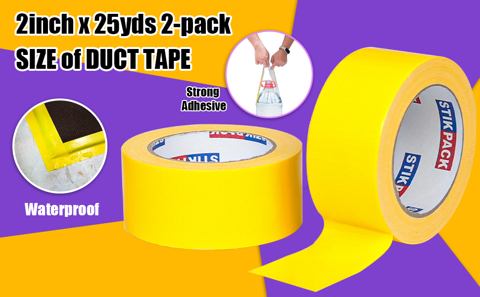 Image of 2 Rolls Yellow Duct Tape, Heavy Duty Strong Industrial Colored Duct Tape 9mil x 2inch x 25yds Flexible, No Residue, Waterproof and Tear by Hand, Multi-Use for Indoor & Outdoor Repairs