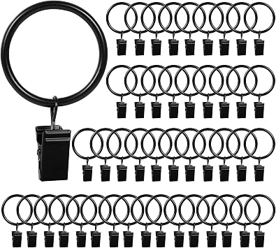 HOOSUN 46 Pack Curtain Hooks,Curtain Rings with Clips,Metal Drapery Hooks Clips with Rings,Curtain Rod Clips for Drapes,Black Curtain Ring Inside Diameter 1 inch,Fits Curtain Rod Up to 1 inch