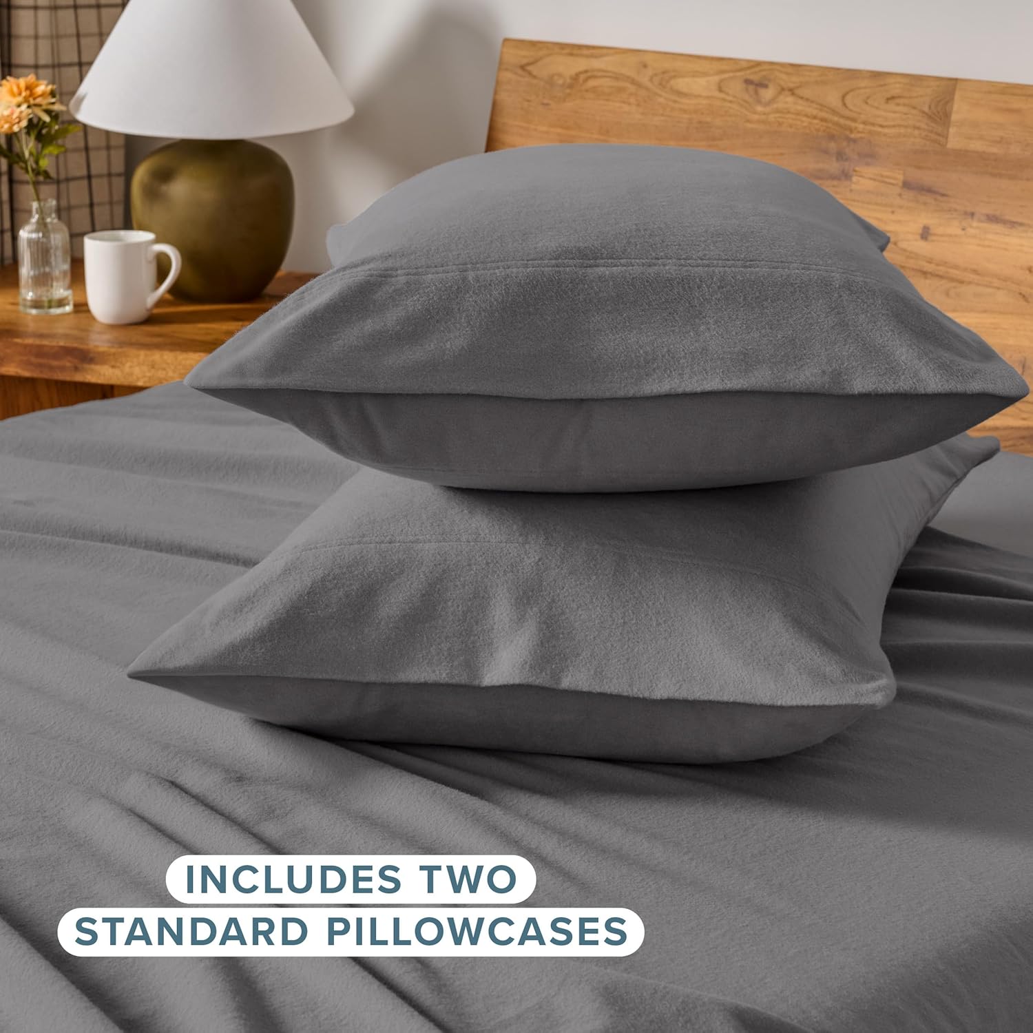 Bare Home Flannel Standard Pillowcases Set of 2 - 100% Cotton - Velvety Soft & Cozy - Double Brushed Heavyweight Flannel Pillowcases (Standard Pillowcase Set of 2, Grey)