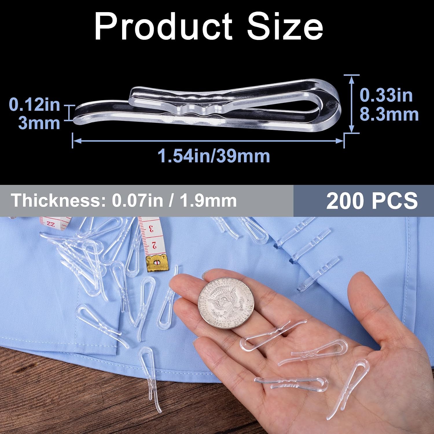 OIIKI 200pcs U Shape Plastic Alligator Clips with Teeth, Clear Shirt Folding Clips Clothes Pins, Fixing Clothes Pins Hold Garments for Socks Dress Pants Ties