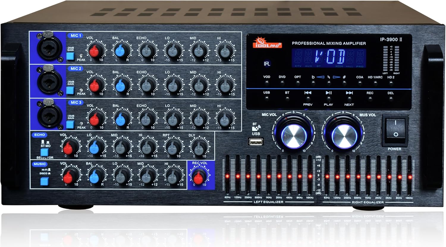 IDOLpro IP-3900II 3000W Karaoke Mixing Amplifier with Built-in Equalizer, HDMI, Optical Input