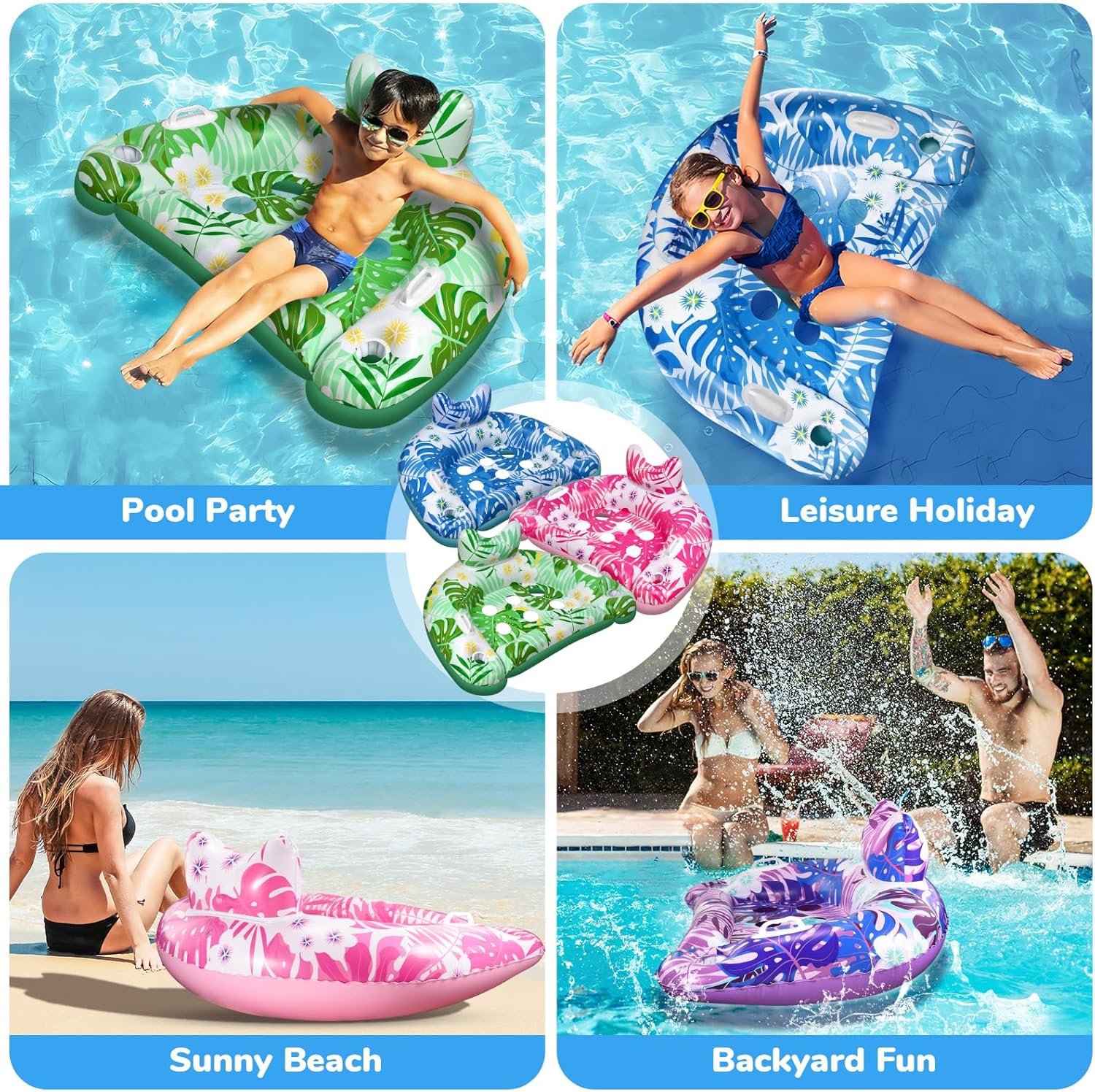 Pool Floats, 3 Packs Inflatable Pool Floats, Pool Floating Chairs with Cupholders & Duty Handles, Upgraded Pool Chairs, Perfect Summer Pool Toys for Lakes, Rivers, Beach Vacation, Water Party Fun