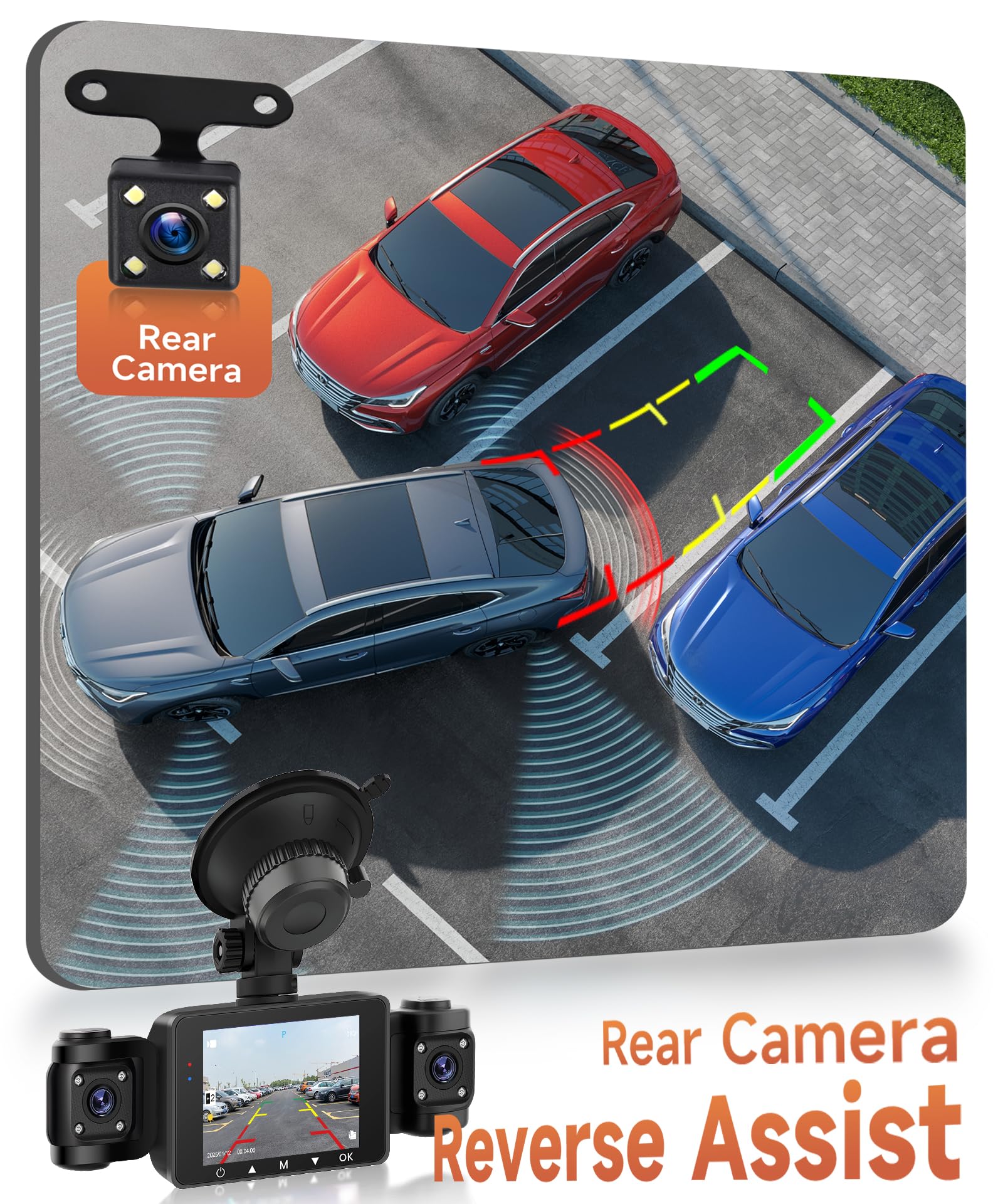 Rimoody 360° 4 Canali Dashcam Auto, 4 Telecamera HD 1080P Anteriore e Posteriore Sinistra Destra, 2.4 Pollici Schermo IPS Dash Cam con Visione Notturna IR/Loop video/24H Parcheggio Monitor/G-Sensore