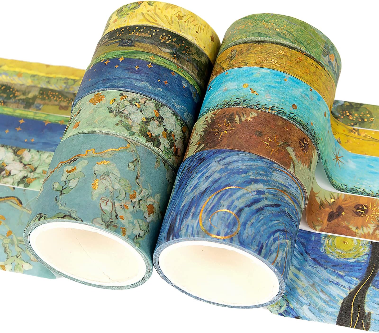 Washi Tape Set - 10 Rolls Van Gogh Starry Night Decorative Washi Tape, Beautiful Gold Foil Washi Tape Set, Waterful Washi Masking Tape for Kids, Bullet Journal, Book, DIY Crafts and Gift Packaging