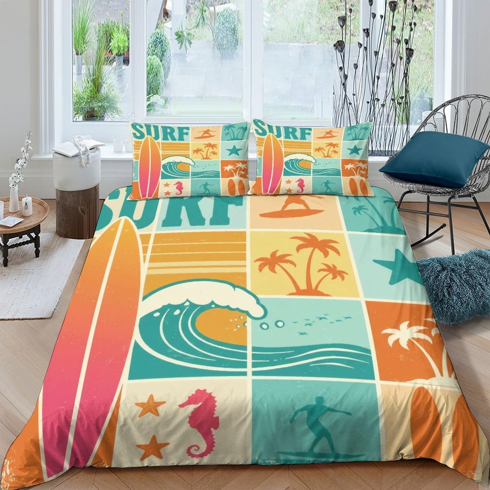 Ctjqhvkz Style-10 3D Printed Retro Surf Beach Fitted Sheet Microfiber Soft Washable Tropical Wave Mattress Cover For Bedroom Guest Room Decor Single（135X200cm）