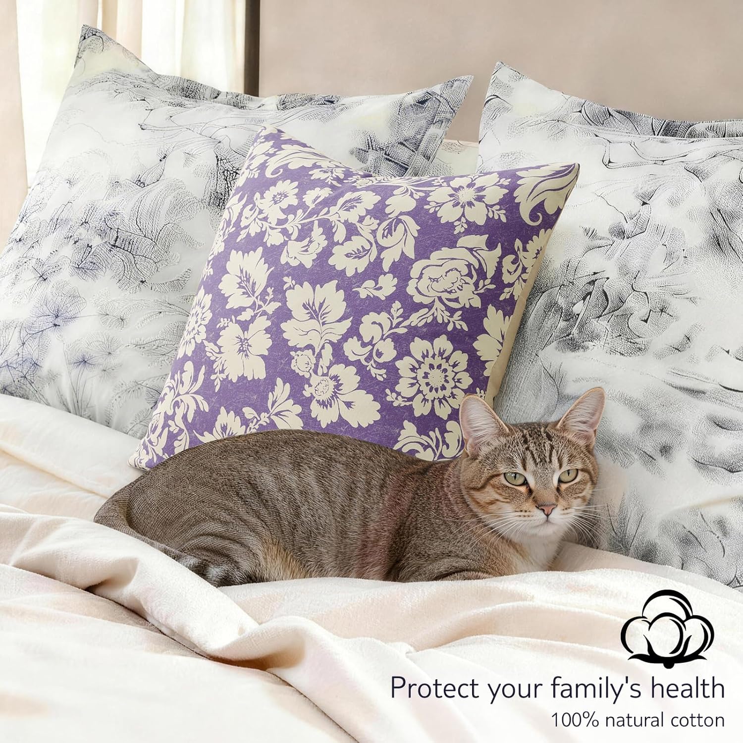 Vintage Floral Pillow Covers 20x20：Purple Throw Pillow Covers Decorative — Neutral Modern Farmhouse Patterned 100% Cotton Cushions Accent Covers for Couch Sofa Bed Living Room Pillowcases Set of 2