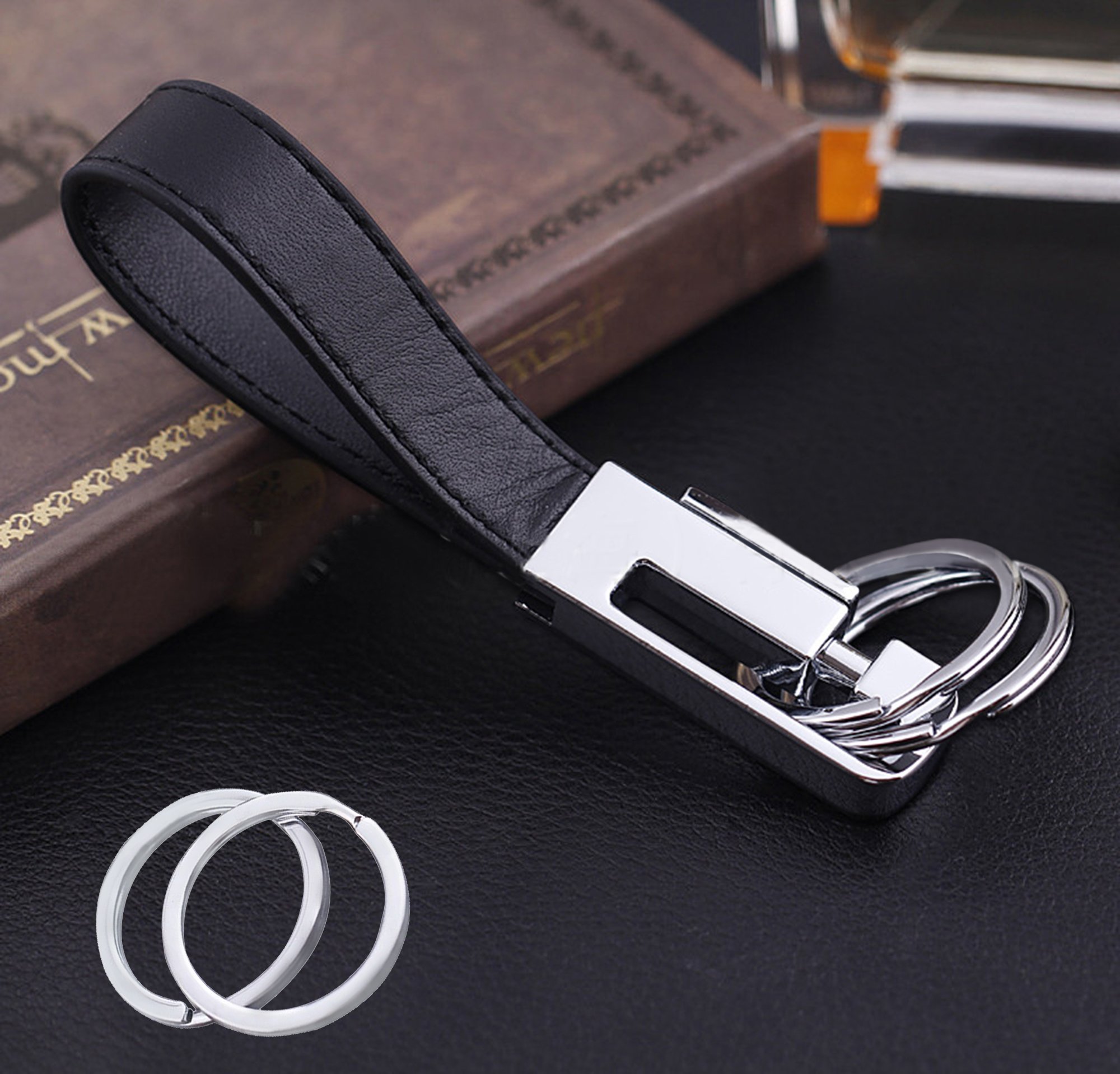 Olivery Leather Valet Key Chain with 4 Detachable Key Rings, Black