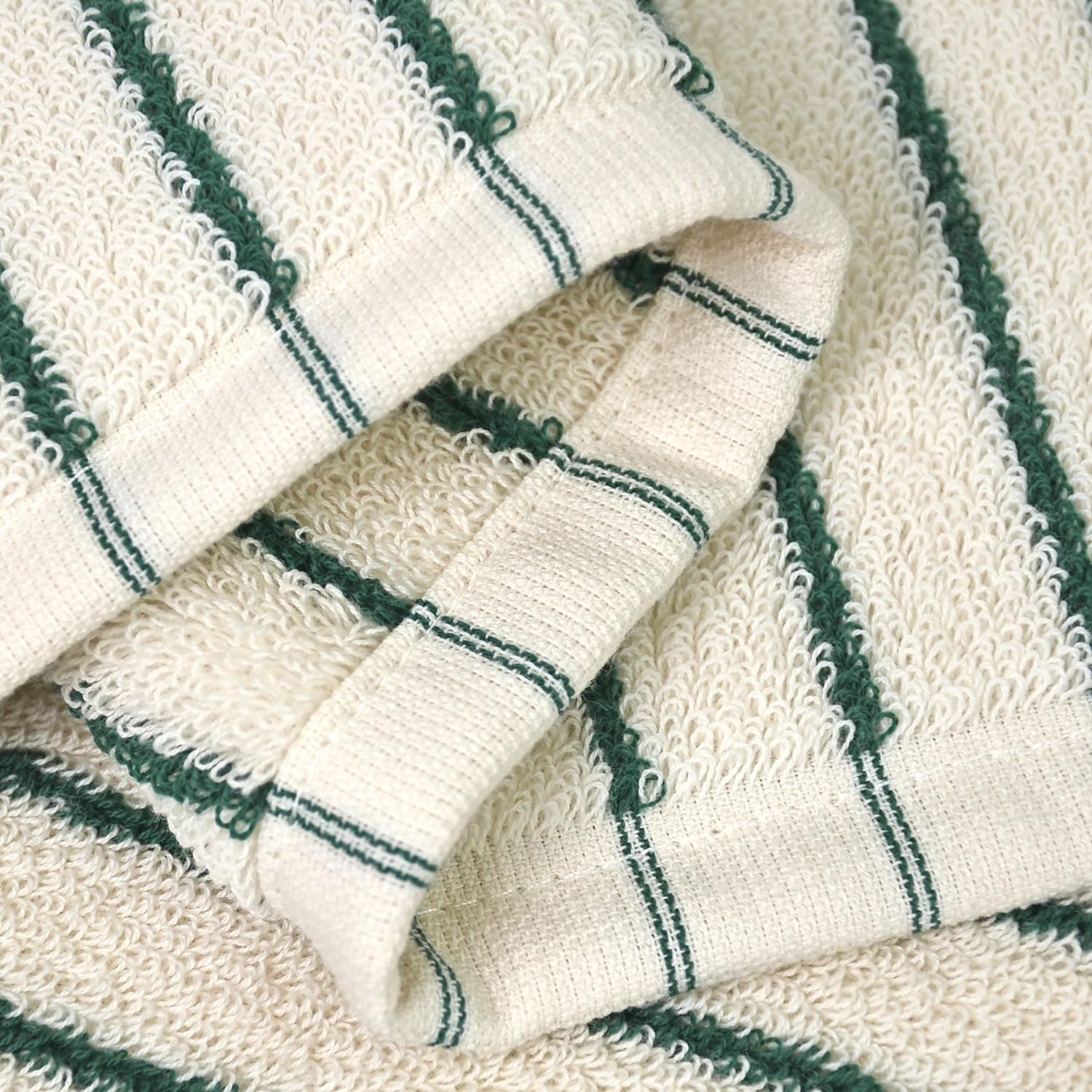 Jacquotha Striped Cotton Washcloths 12 Pack, 13” x 13” - Soft Wash Cloths for Bathroom, Kitchen, Gym, Face, Green and Cream