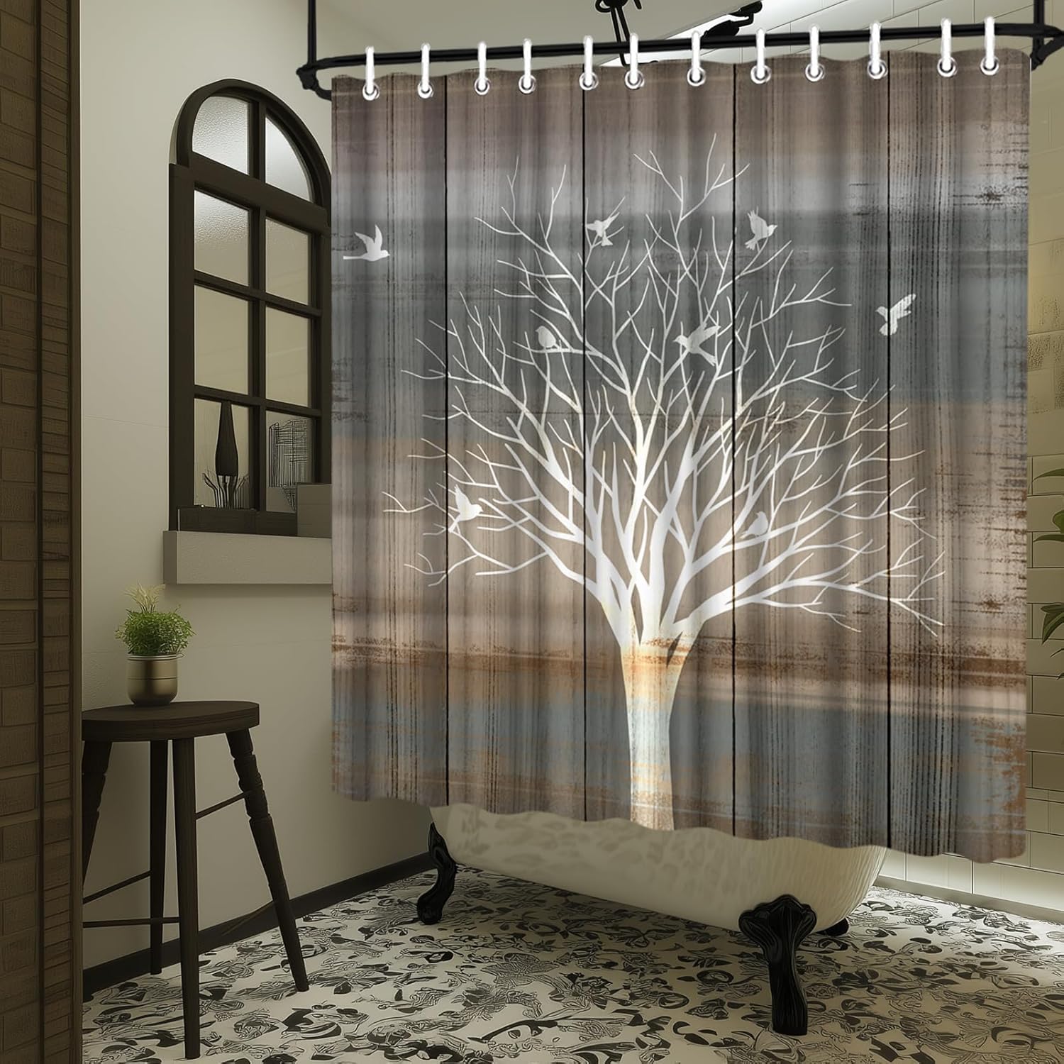 Rustic Tree Shower Curtain Beige Abstract Forest Branch Nature Bath Curtain Vintage Country Style Bathroom Decor Fabric Curtain with Hooks