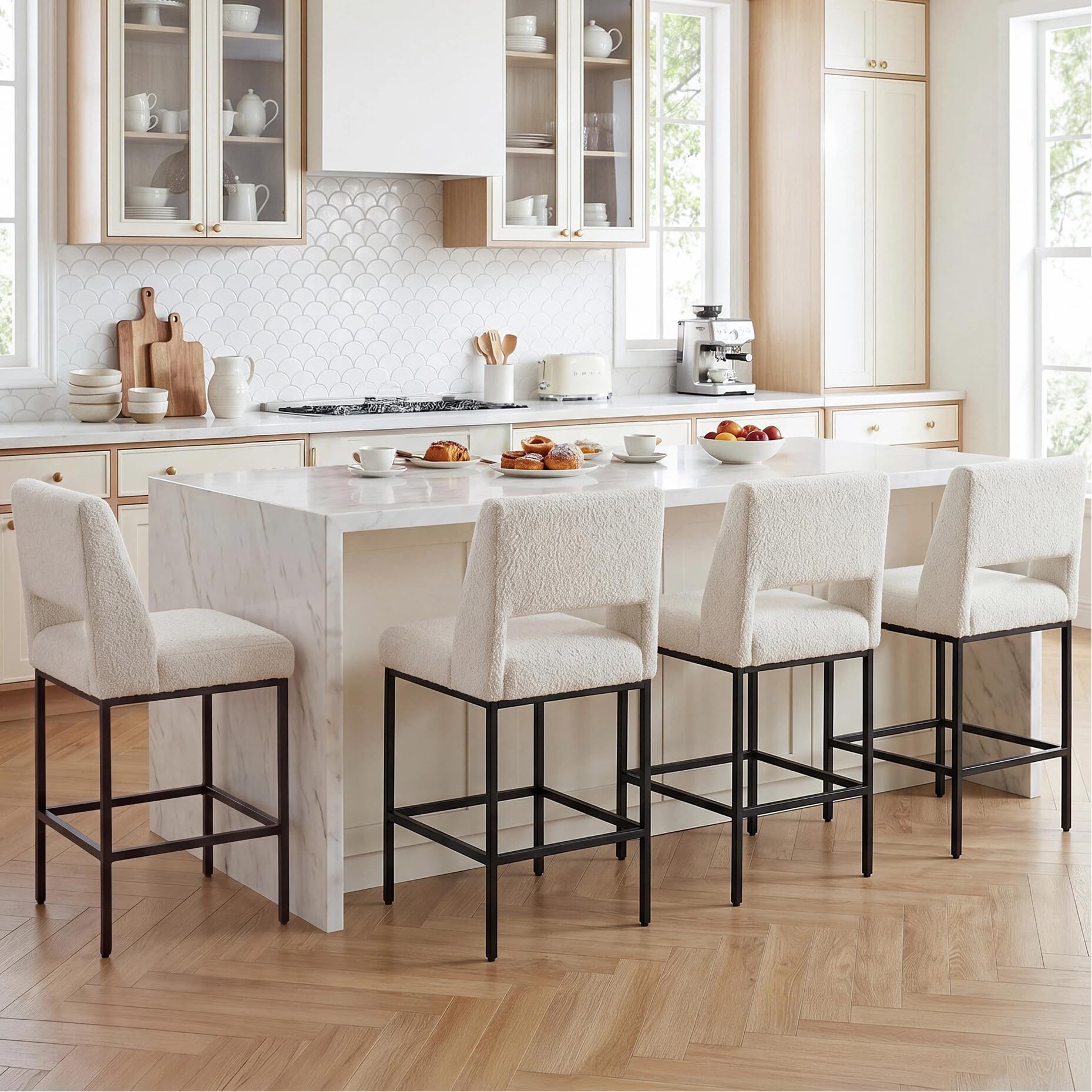 Zesthouse Counter Height Stools Set of 4, Upholstered Boucle Fabric Barstools with Backs, 26" Modern Bar Chairs for Kitchen Island, Counter Height Chairs with Extra Thick Cushion &amp; Metal Legs, White