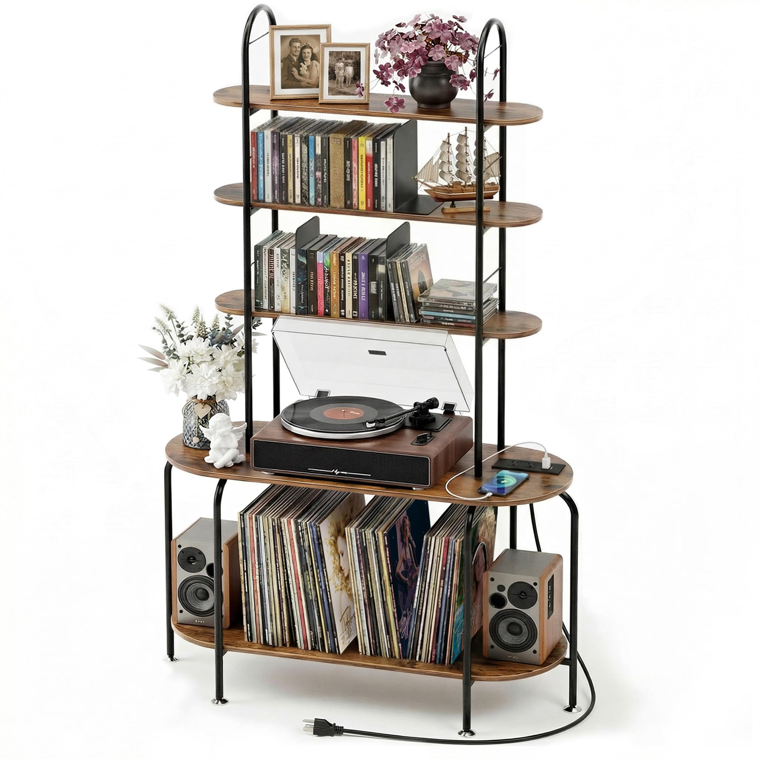 Faesun Record Player Stand with Storage, 5-Tier Turntable Stand with Charging Station, CD Storage with Adjustable Book Stoppers, for CDs, Vinyl Records, Books, Games, for Living Room, Bedroom, Rustic