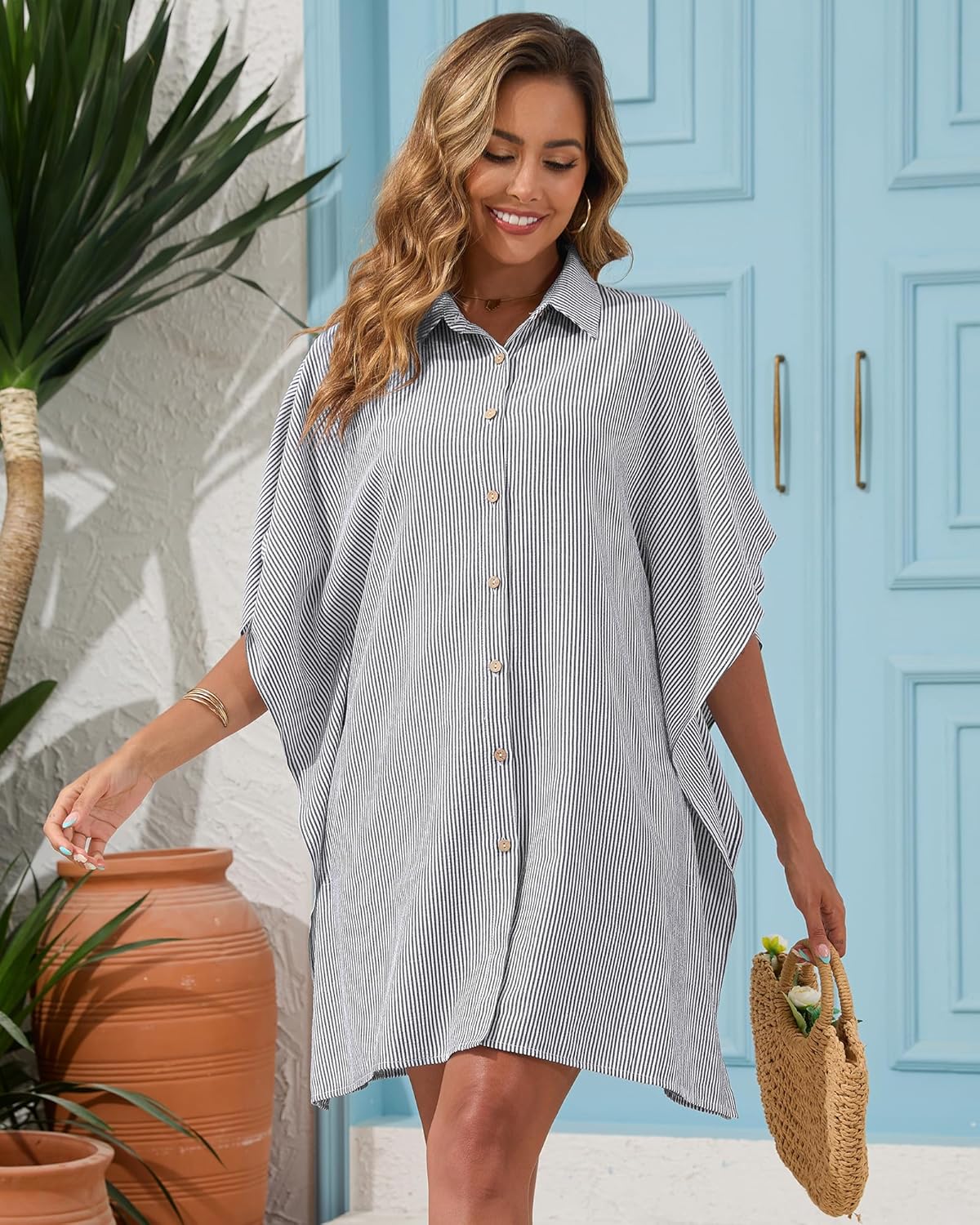 Bsubseach Swimsuit Cover Up Shirt 3/4 Sleeve Beach Coverup Oversized Button Down Shirts Bikini Bathing Suit - Image 9