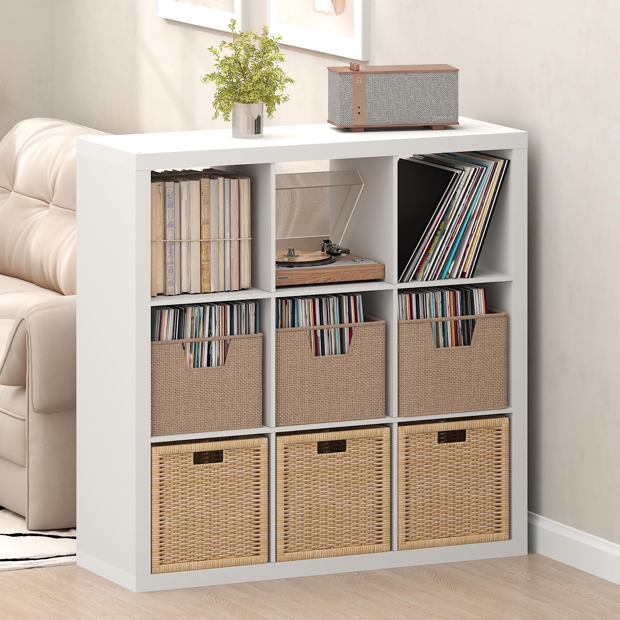 Furinno Cubicle Record Player Stand, 9-Cube Vinyl Record Storage, White
