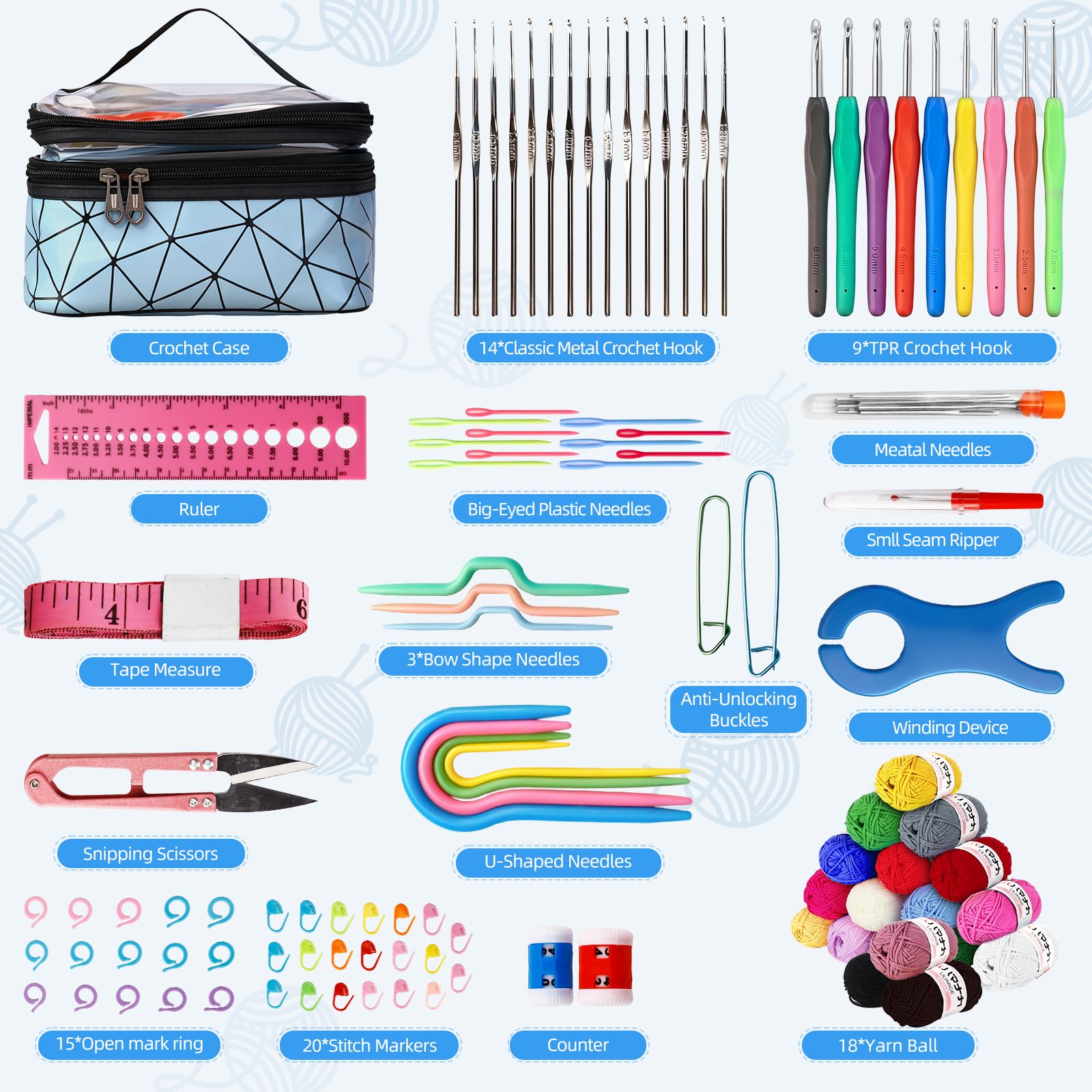 WUSUPU Uncinetto Set,105 pezzi Kit Uncinetto Principianti,set di uncinetti con 18 lana,Kit Principianti,accessori all'uncinetto,uncinetti ergonomici con manico morbido e ago in metallo, 2,0 – 10 mm