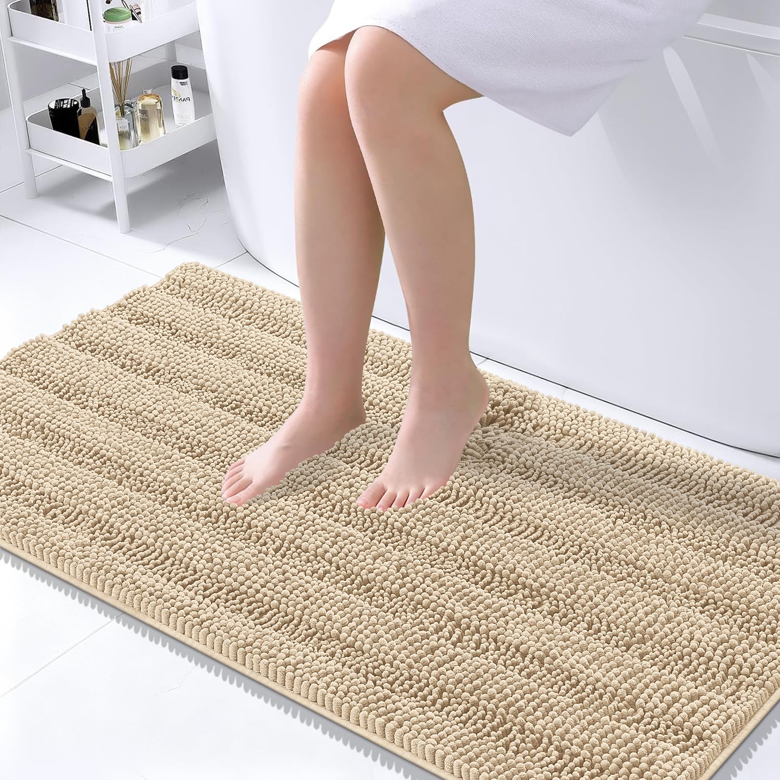 OLANLY Thick Large Bathroom Rugs 45x27, Soft Chenille Bath Rugs, Beige
