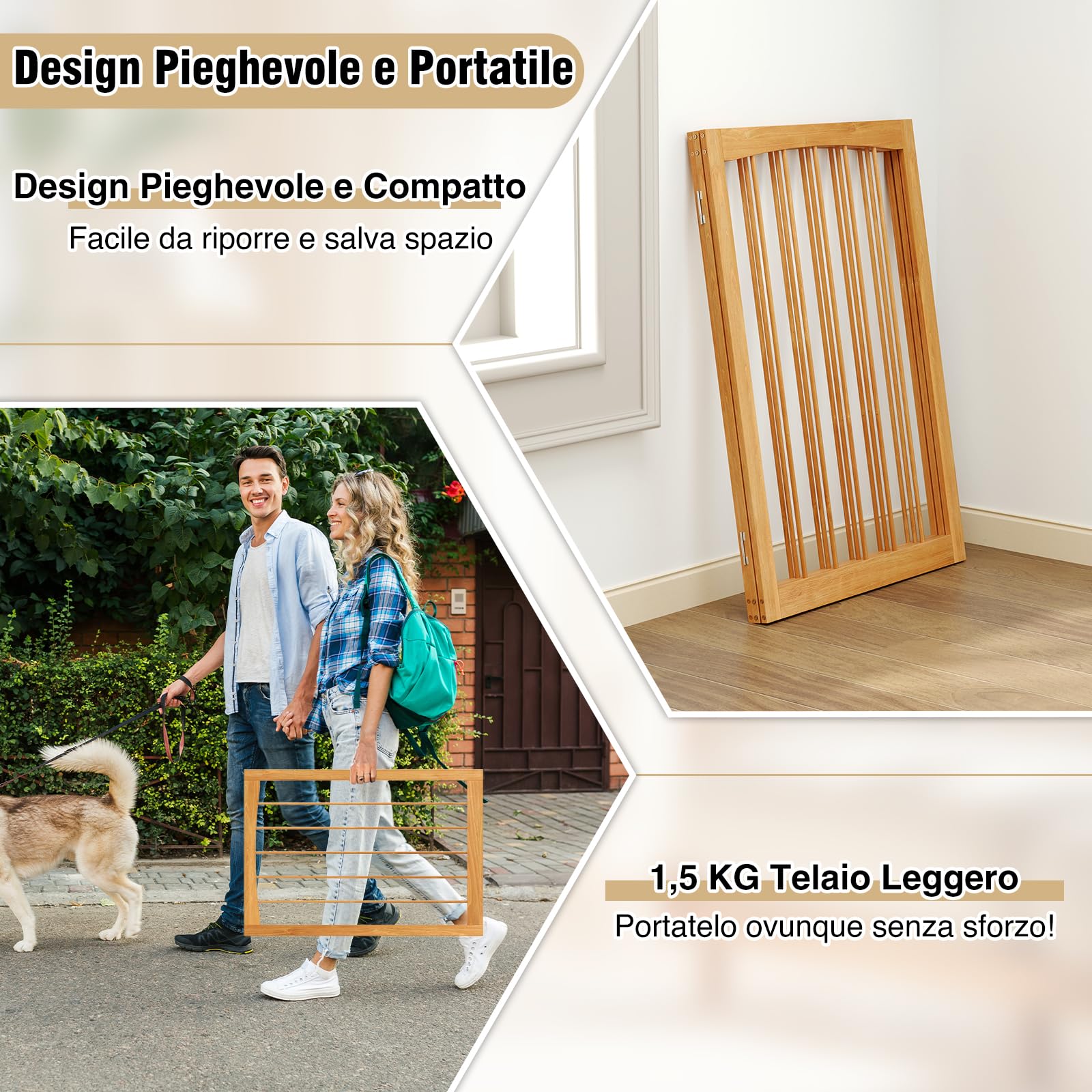 COSTWAY Cancelletto in Legno per Cani 159 x 76 cm, Recinto per Bambini, Cancello Pieghevole a 3 Pannelli per Porte, Scale e Corridoi (Marrone)