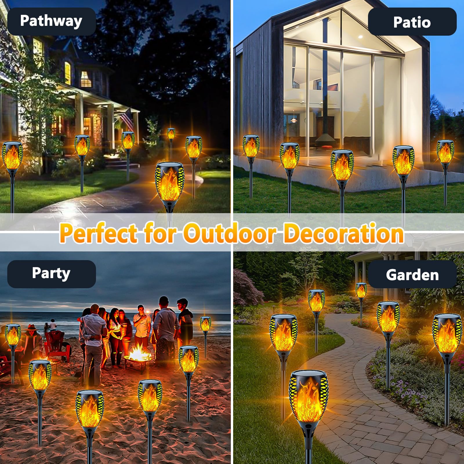 Luces solares más grandes mejoradas para exteriores, paquete de 6 luces solares de llama parpadeante con tamaño súper grande para decoración de jardín, luz solar impermeable para jardín, luces solares 2