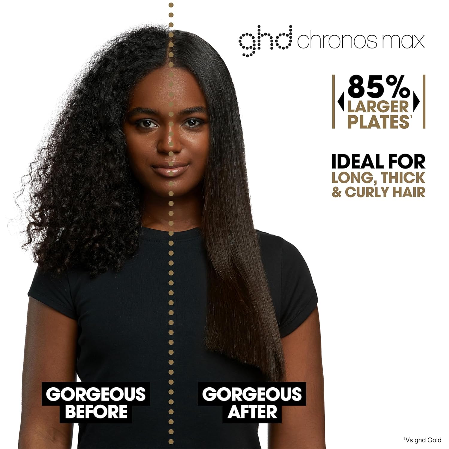 Before and after image of curly hair straightened with ghd Chronos Max
