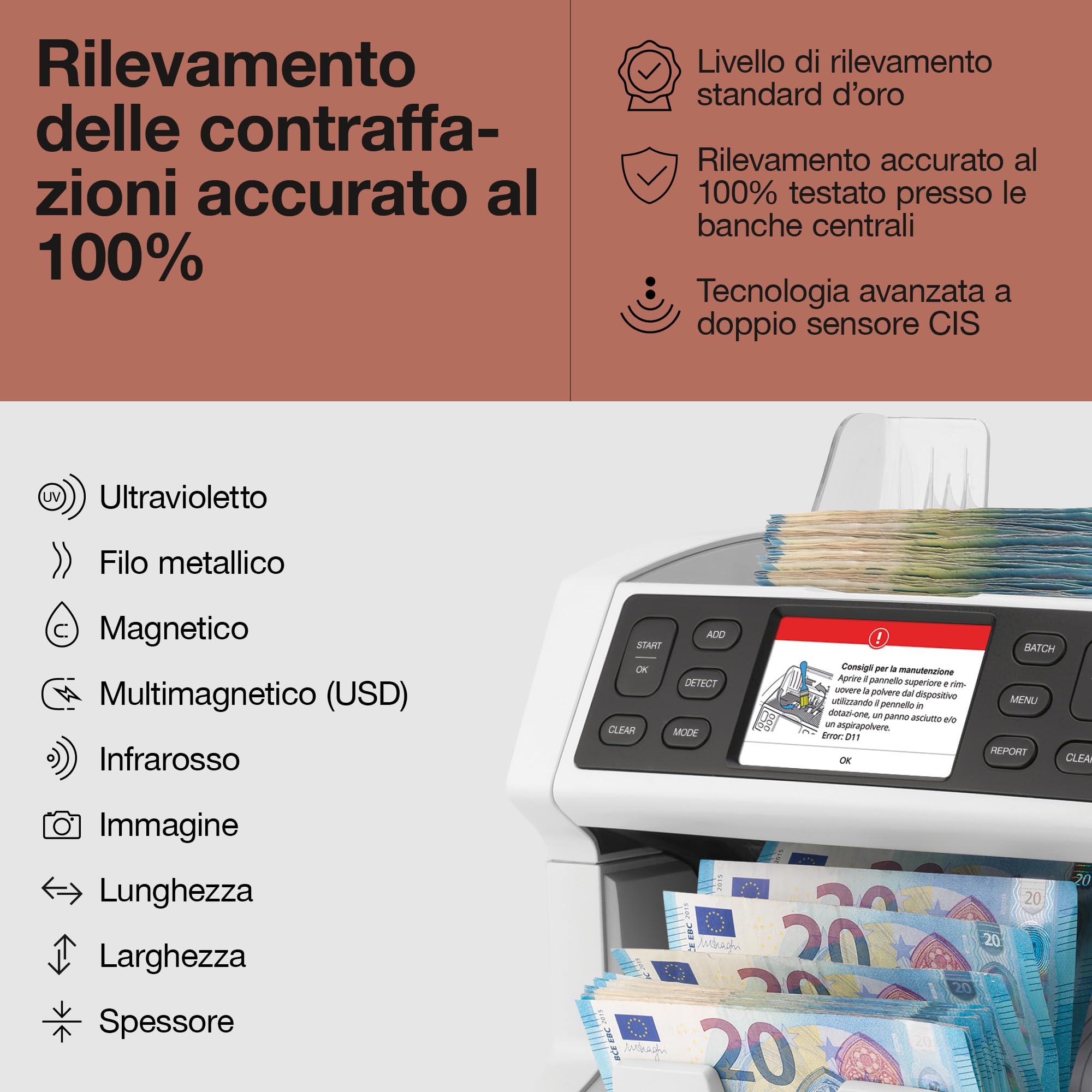 Safescan 2865-SC Contabanconote che conta il valore le banconote miste - Alimentazione continua - Contabanconote con rilevatore di denaro falso a 9 punti - Contasoldi con l'app gratuita Safescan