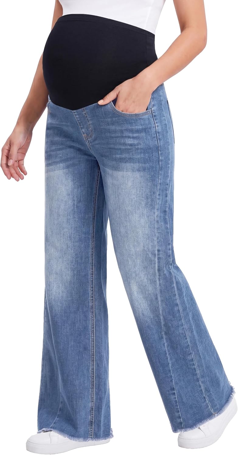 Foucome Maternity Jeans Wide Leg Raw Hem Denim Pants
