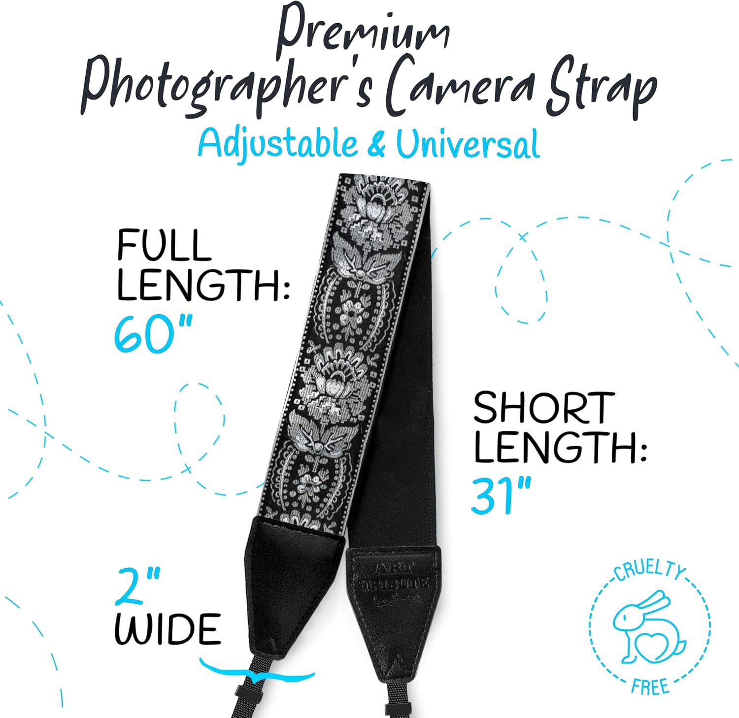 Art Tribute Camera Strap - Shoulder, Crossbody & Neck Camera Strap for Photographers, Fits All Cameras, Canon Nikon Sony Fujifilm, Padded Strap W/Quick Release, Embroidered Cotton & Leather Ends