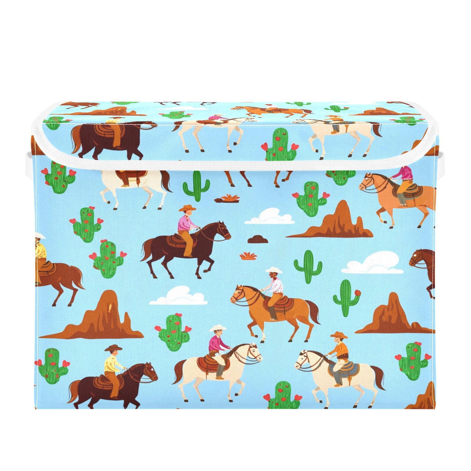 Ewusp Cowboy Horse Fabric Storage Bin with Lid, Decorative Foldable Storage Basket with Handles, Stackable Closet Shelf Organiser Box for Clothes, Books, Bedroom, Living Room