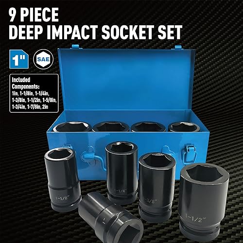 Miniatura 2 de Juego de llaves de vaso de impacto profundo de 1 pulgada, 9 piezas Jumbo Impact Socket Set, SAE 1" a 2", acero cromado, diseño de 6 puntos, caja de