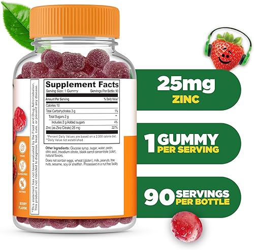 Miniatura 2 de Gomitas de zinc realistas para niños, 25 mg, suplemento de gomitas de gran sabor natural, vitaminas – Sin gluten vegetariano sin OMG masticables –
