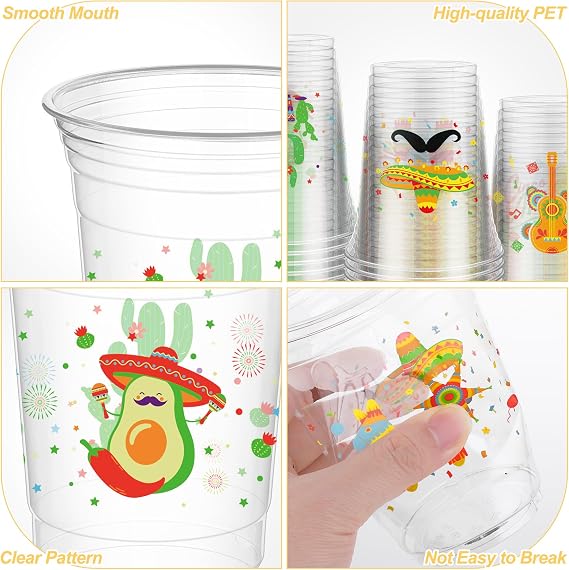 Kochorie 120 Pieces 16 oz Mexican Fiesta Plastic Cups Clear Disposable Cups with Double-sided Different Patterns Cinco De Mayo Drinkware Party Supplies Fiesta Taco Birthday Decorations, 4 Styles