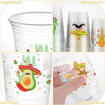 Kochorie 120 Pieces 16 oz Mexican Fiesta Plastic Cups Clear Disposable Cups with Double-sided Different Patterns Cinco De Mayo Drinkware Party Supplies Fiesta Taco Birthday Decorations, 4 Styles