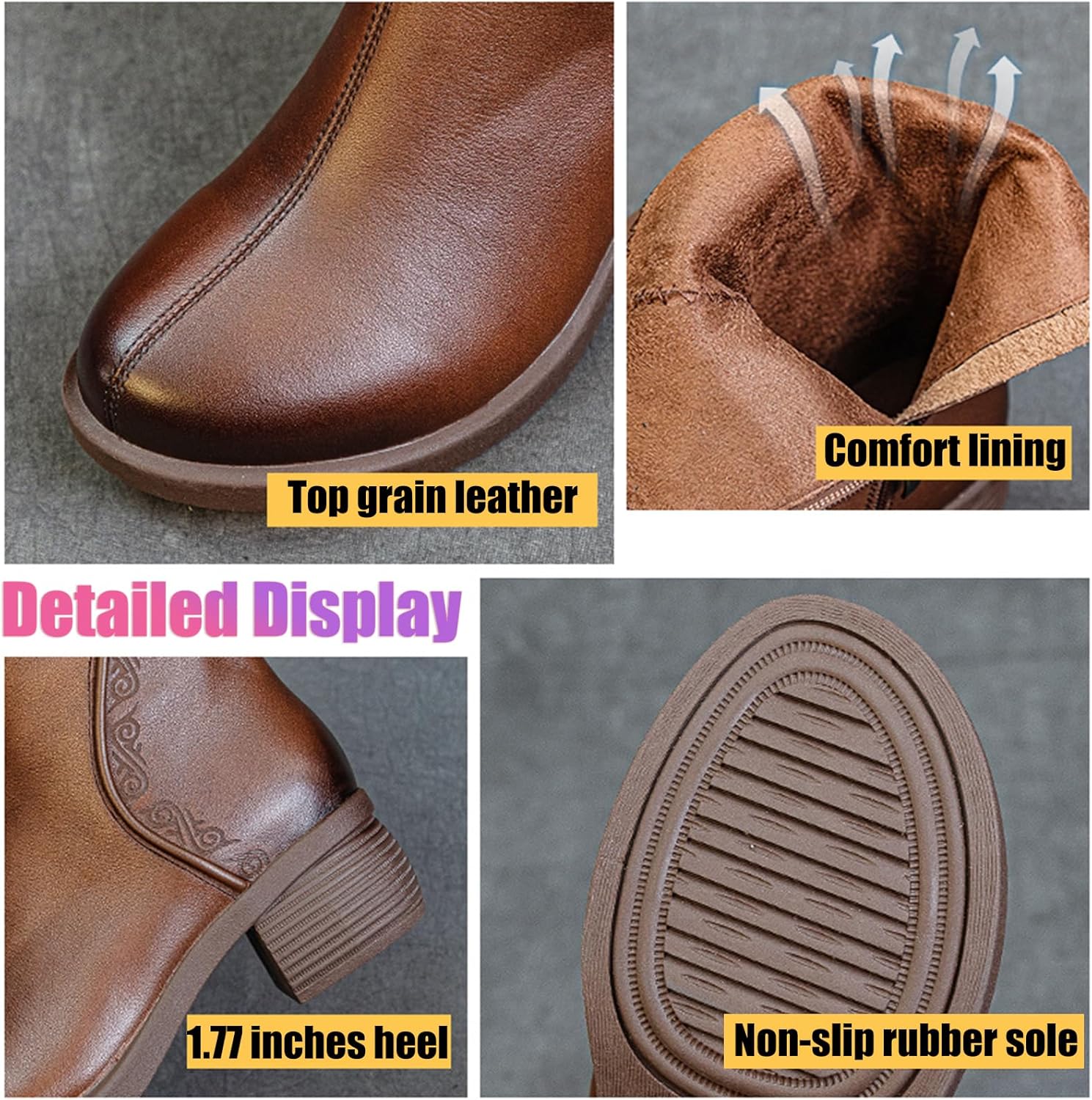 Women's Genuine Leather Chunky Block Heel Mid Calf Boots Retro Pattern Round Toe Side Zipper Soft Sole Casual Boots Simplicity Comfortable Mid Knee Boots