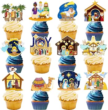 24 PCS Nativity Cupcake Toppers, Christmas Religious Nativity Party Decorations Happy Birthday Jesus Nativity Cake Toppers Cake Decorations for Winter Holiday Party Religious Education Supplies