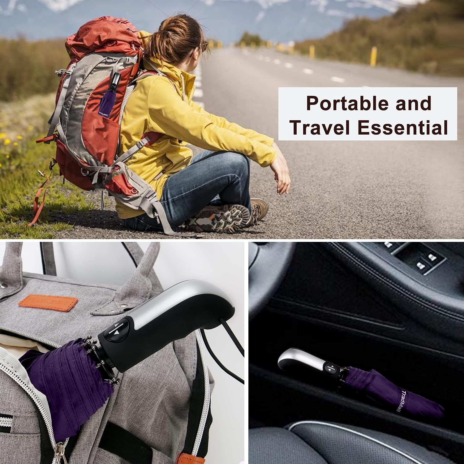 TradMall Travel Umbrella Windproof with 56 Inches Large Canopy 10 Reinforced Fiberglass Ribs Ergonomic Handle Auto Open & Close, Purple