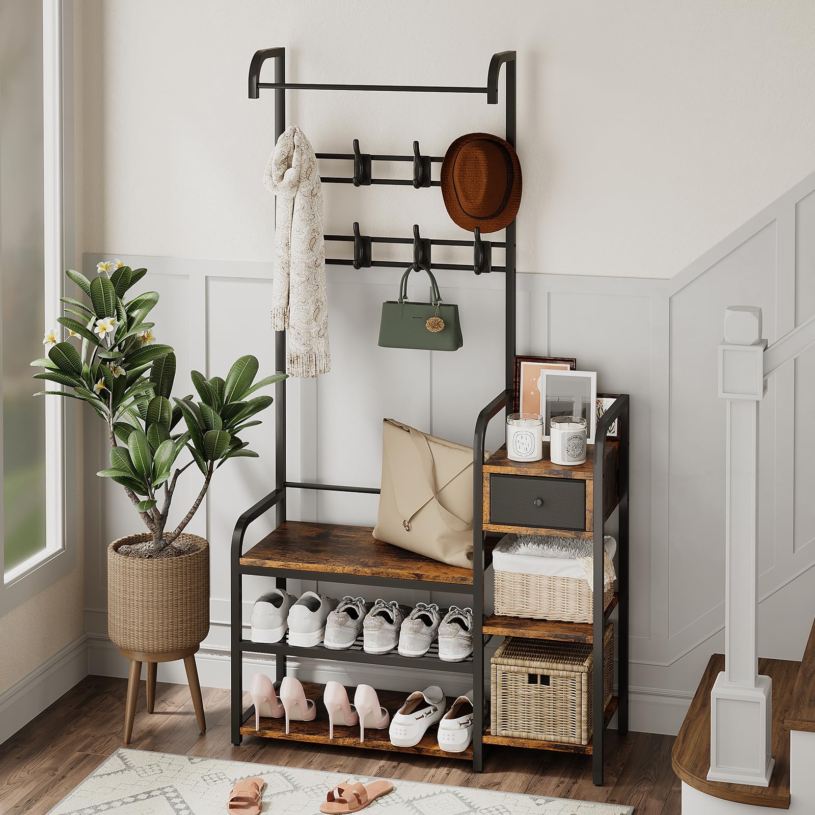 OPULENTHOME Vestiaire d'Entrée, Porte-Manteau, Meuble d'Entrée avec Étagère à Chaussures à 3 Niveaux, avec 1 Tiroir, 8 Crochets Mobiles pour Manteau, Parapluie, Chapeau, Écharpe Marron