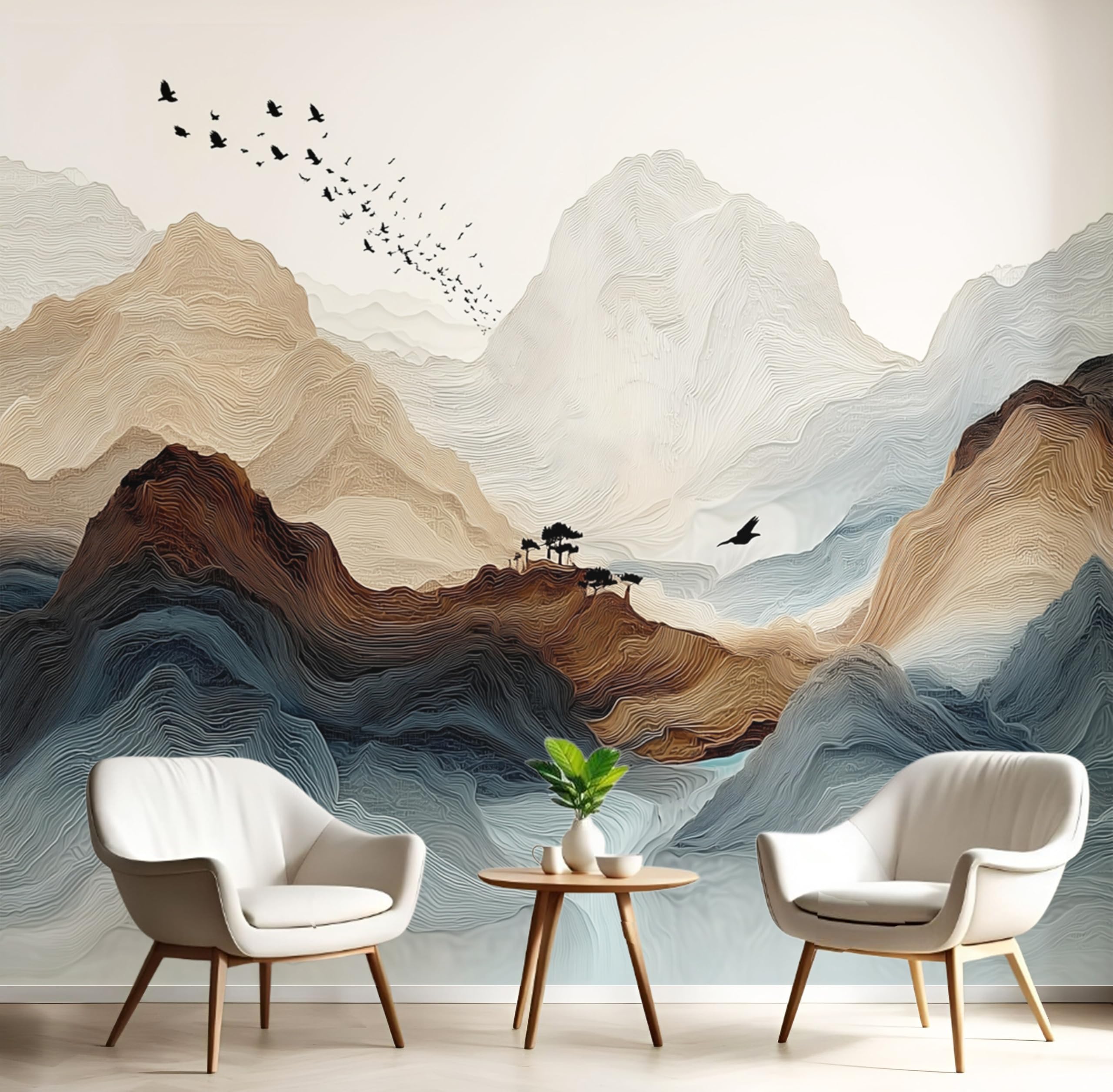 Papier peint bleu-brun oiseaux de montagne 3D pour agrandir un couloir sombre