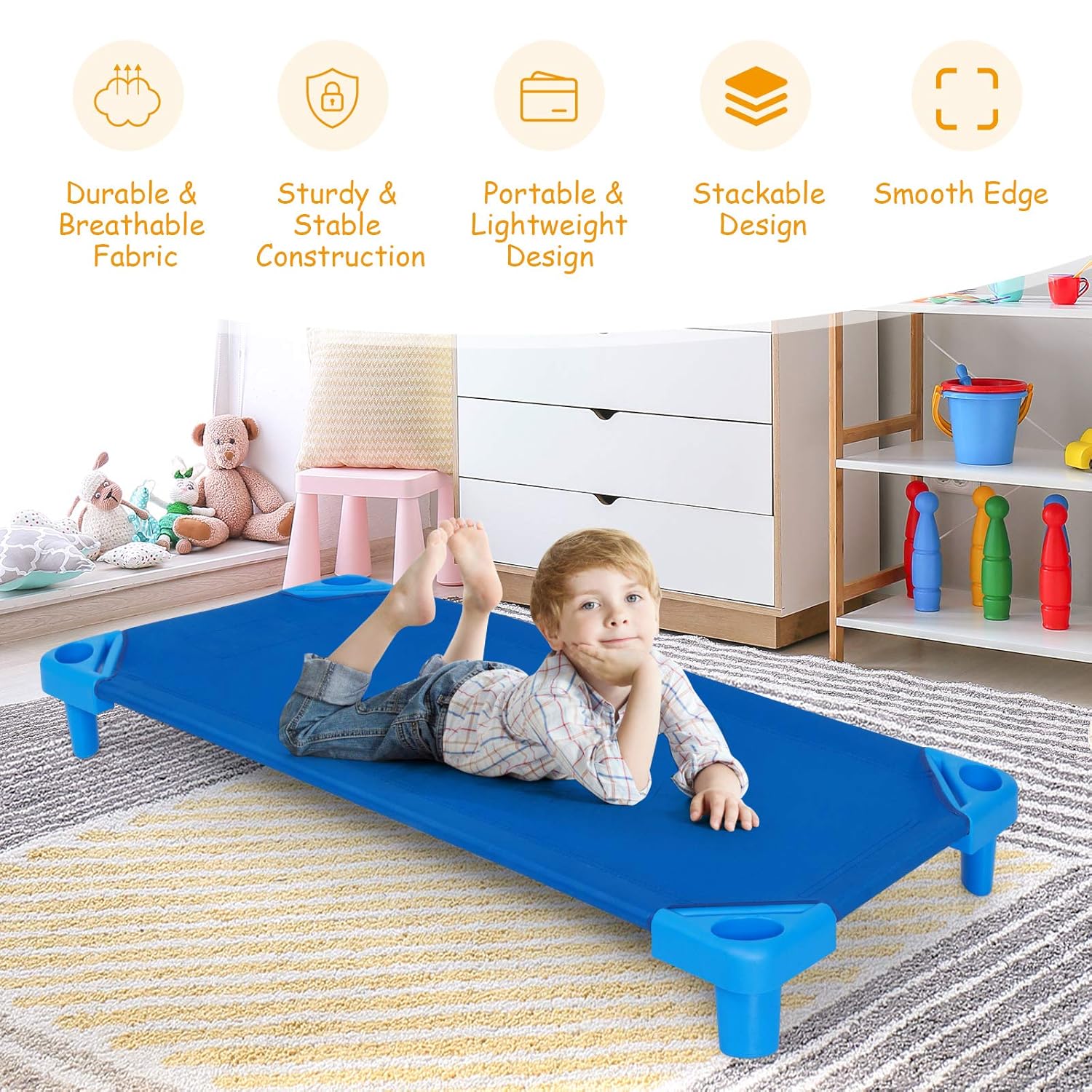 Costzon Daycare Cots for Kids, Pack of 6, 51” L x 22.5” W Stackable Nap Cots with Easy Lift Corners, Ready-to-Assemble, Preschool Classroom Daycare Beds for Sleeping, Resting, Naptime (Dark Blue)