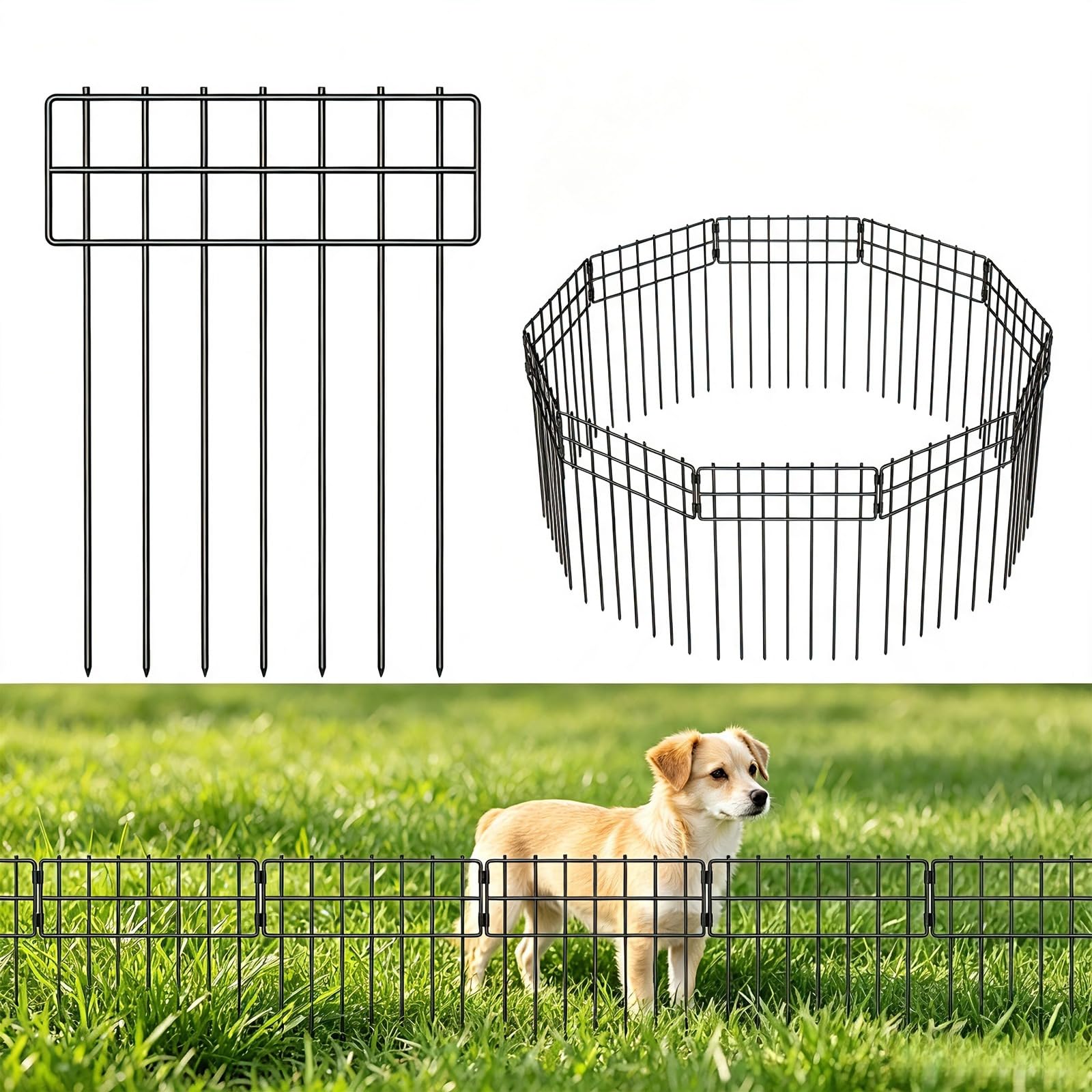 25 Stück Tier-Absperrzaun, 43,2 cm (H) x 7,6 m (L), kein Graben, dekorativer Gartenzaun, rostfreier Metalldraht, Gartenzaun-Bordüre für Hunde, & Kaninchen, Garten, Terrasse, Hof | Rostfestig,Metall Zaun,Beetzaun für Freien Patio Grenze