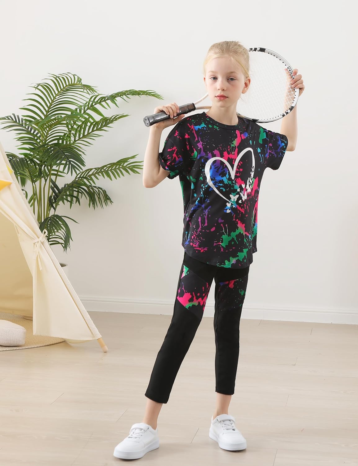 Girls 2 Piece Outfits Kids Clothes Pants Sets Print Short Sleeve Top Leggings Spring Summer Tracksuit 4-13Y - Image 5