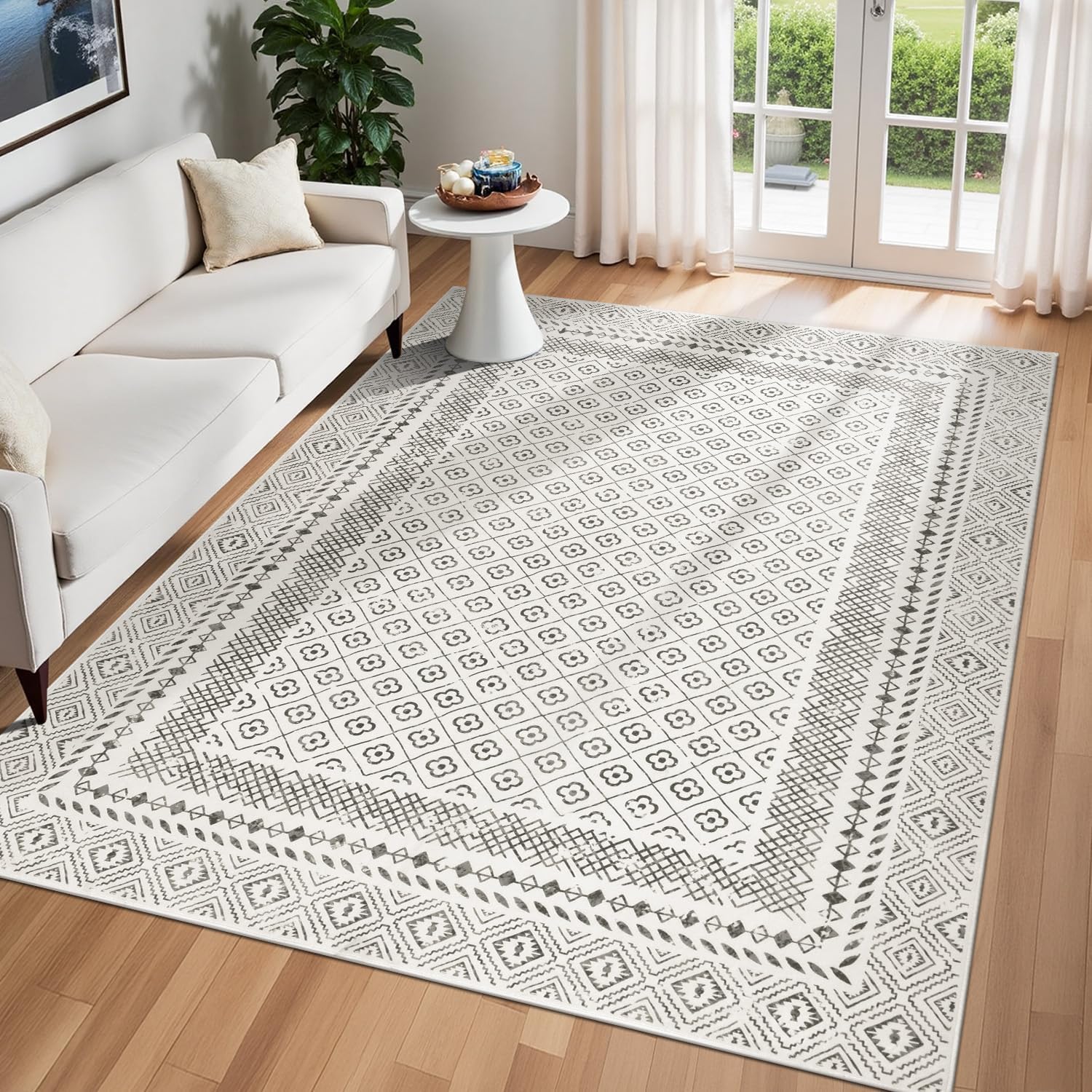 SHACOS 8x10 ft Living Room Rugs Soft Low Pile Non Slip Washable Moroccan Geometric Area Rug Floor Mat for Bedroom Dining Room, Bordered Rug, Beige Gray