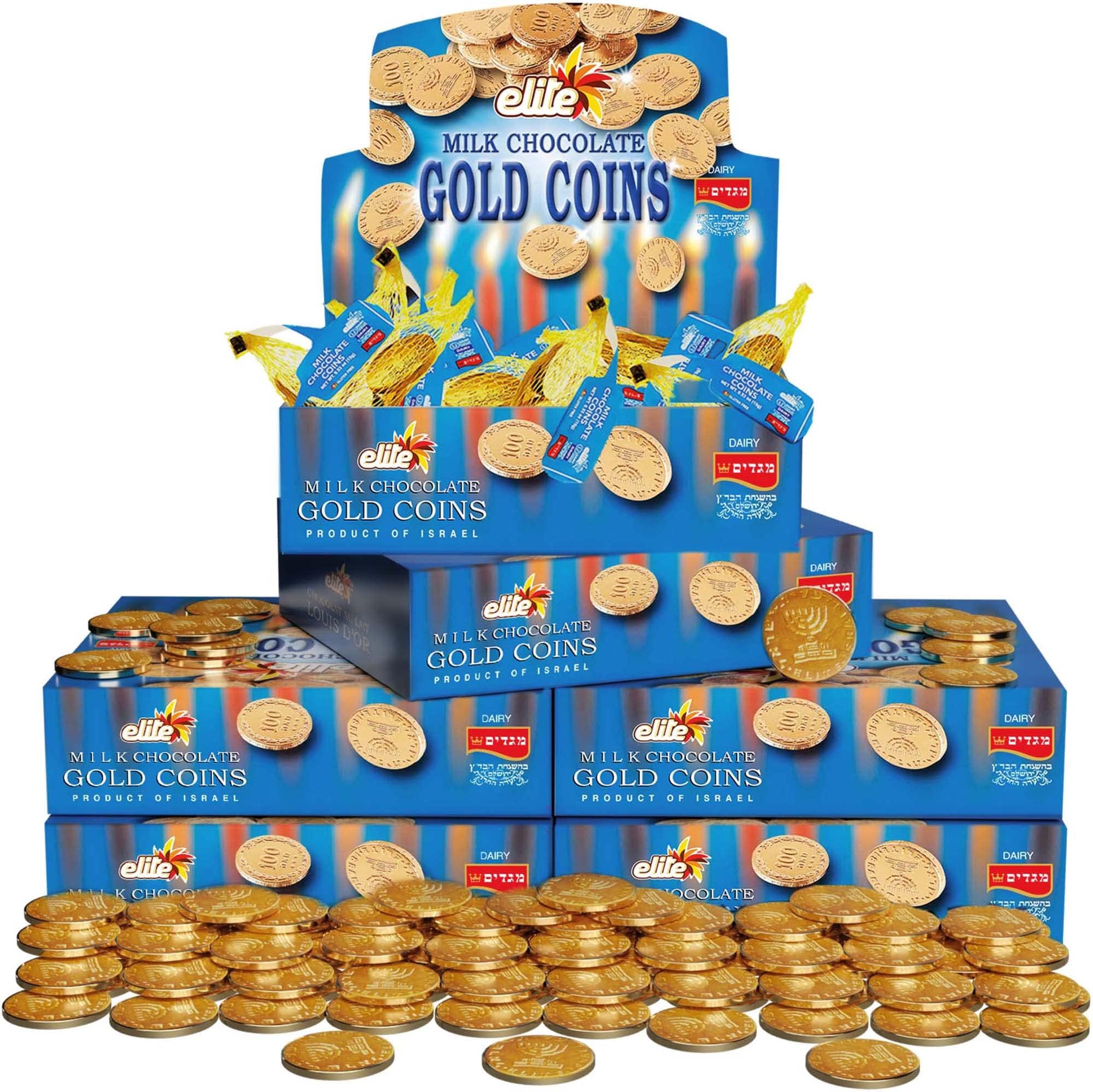 Elite Bulk Hanukkah Gelt Milk Chocolate Gold Coins, .53oz (144 Pack ) Filled with Menorah Embossed Hanukkah Gelt , Individually Wrapped, Gluten Free, Strictly Kosher Chalav Yisroel, Made in Israel