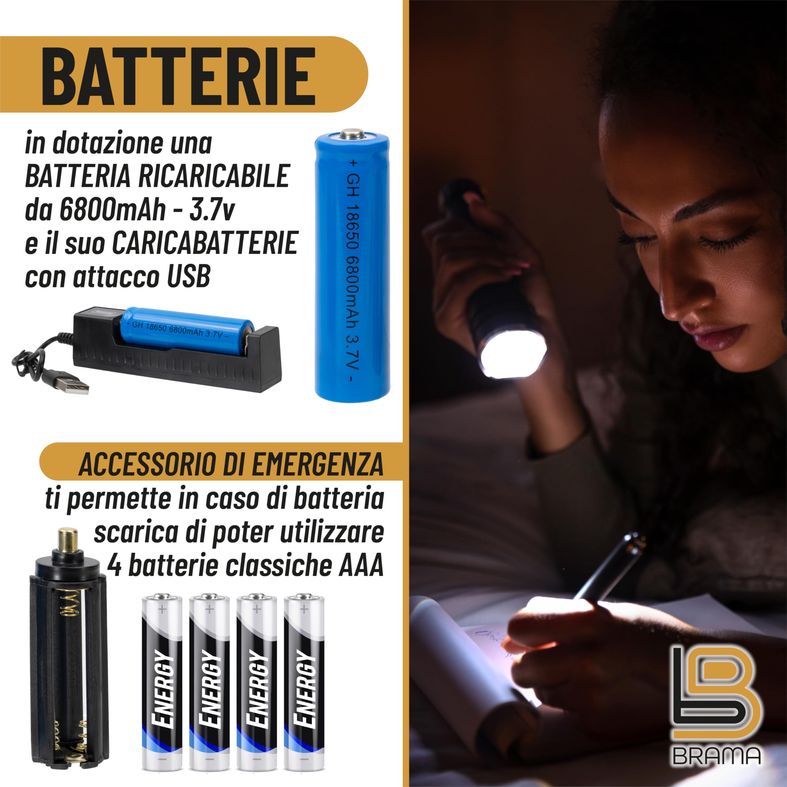 Generico Torcia LED Ricaricabile Potente – Zoom Regolabile, 5 Modalità, Impermeabile, per Emergenze e Outdoor, con Beauty Case Antiurto-Idea Regalo