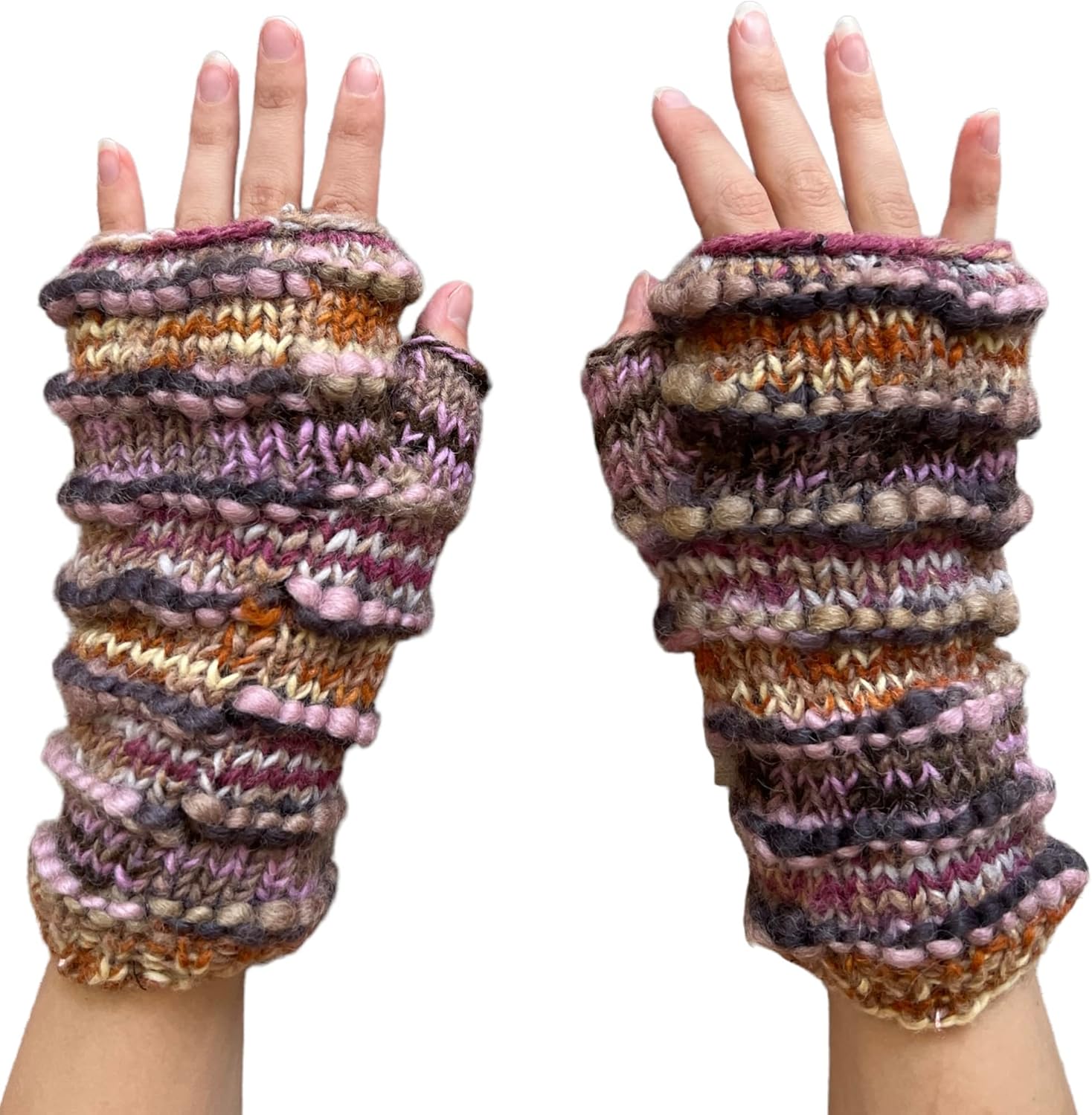 Hand Knit Winter Fingerless Striped Texting Gloves Warm Wool Fleece Lined