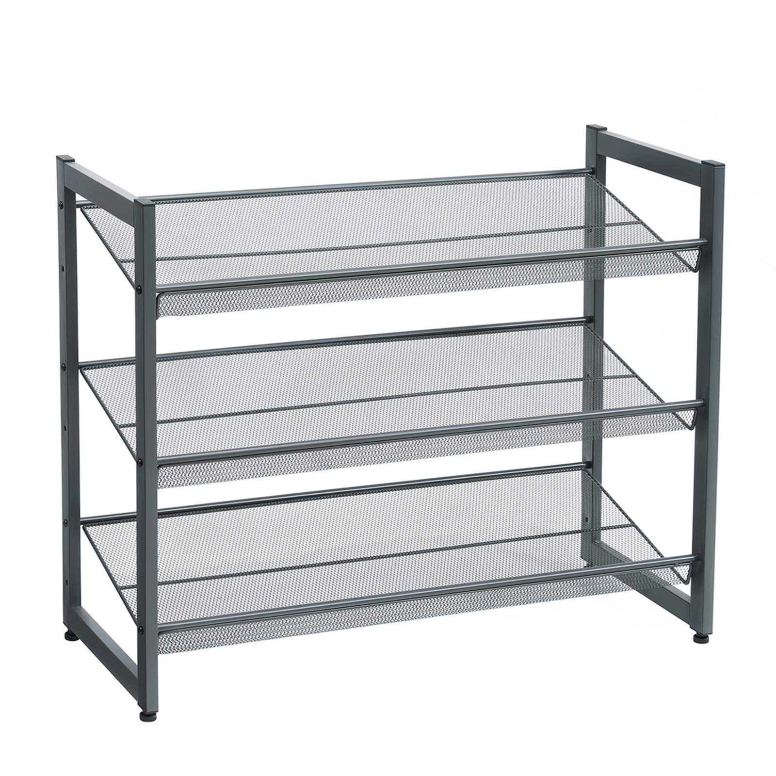 SONGMICS Shoe Rack, 3-Tier Stackable Shoe Storage Shelf, Metal Shoe Organiser with Adjustable Flat or Angled Shelves, 30.5 x 74 x 61.5 cm, Holds 9-12 Pairs, Cool Gray LMR03GB